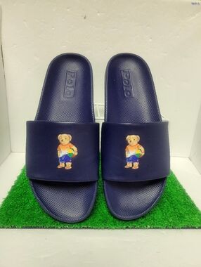 Polo Ralph Lauren Cayson Big Bear Slides Beach Flip Flop Navy Blue Preppy Sz 13